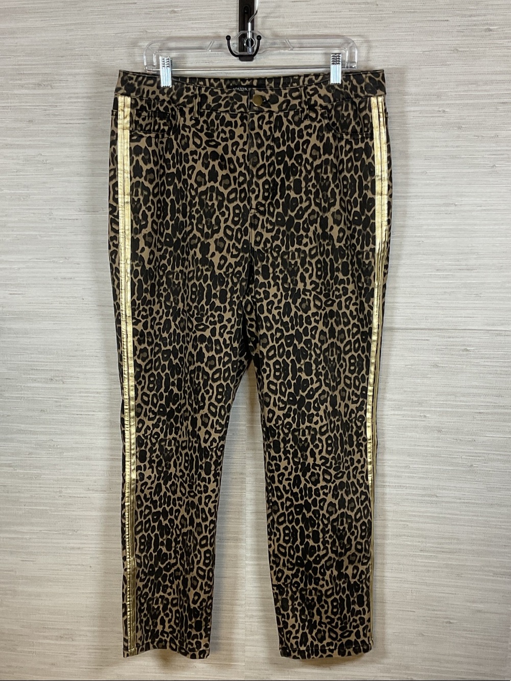 Boston Proper Gold Side Stripes Leopard Print Straight Leg Jeans 16 Tan Black